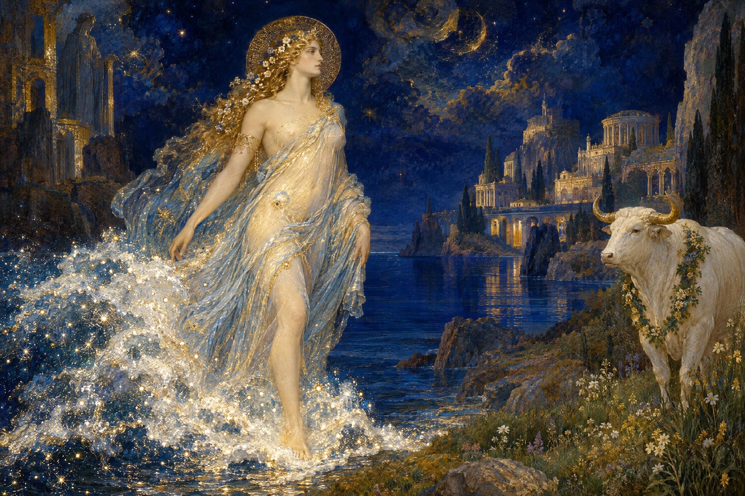 Aphrodite rises from the sky-born foam toward the Bull