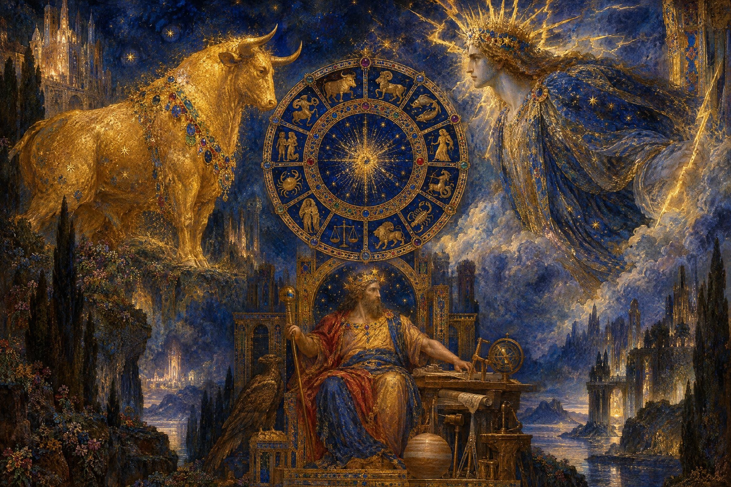 The Bull and the Sky-god face each other across the zodiac