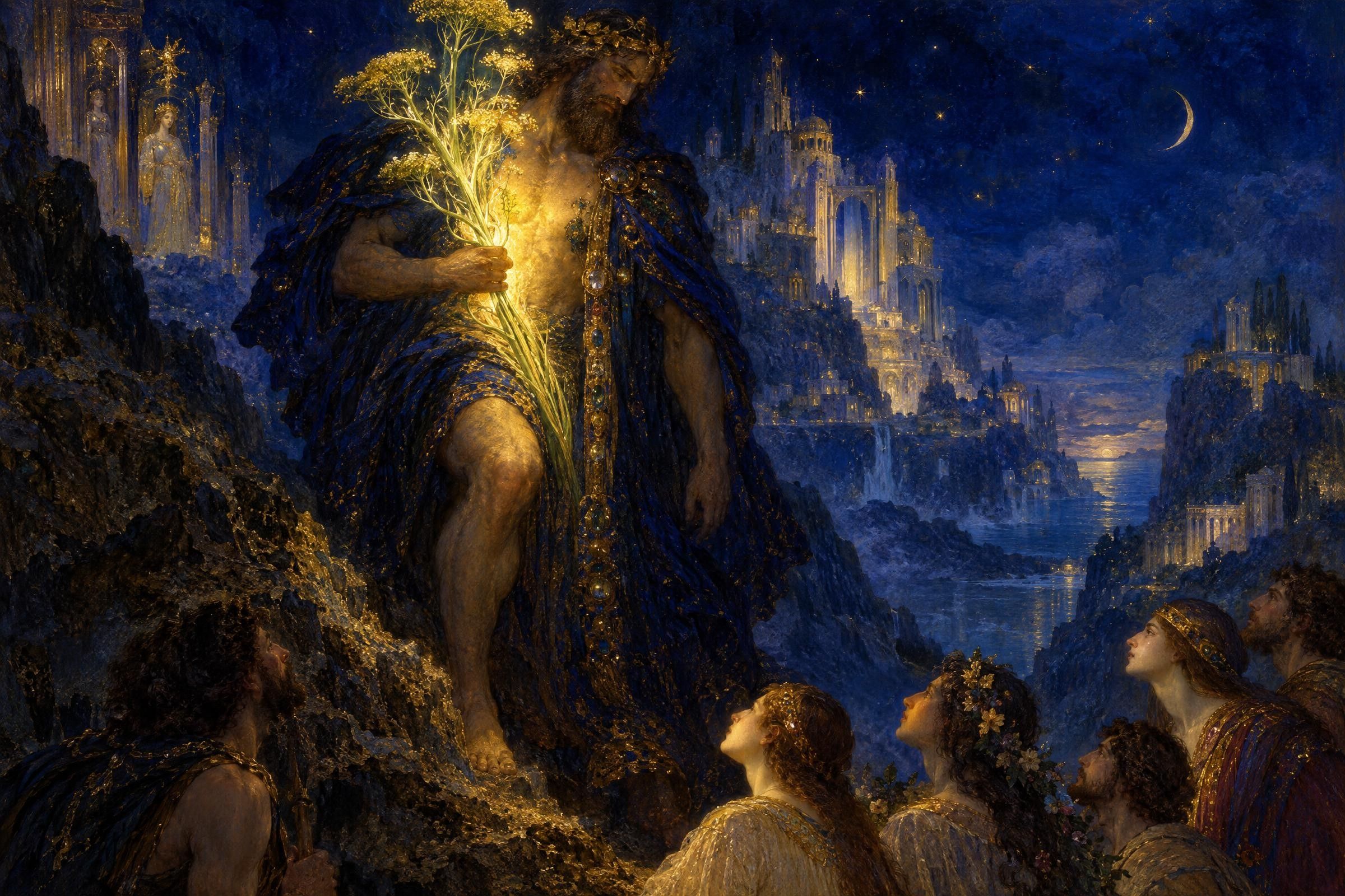 Prometheus brings the stolen fire down in a fennel stalk