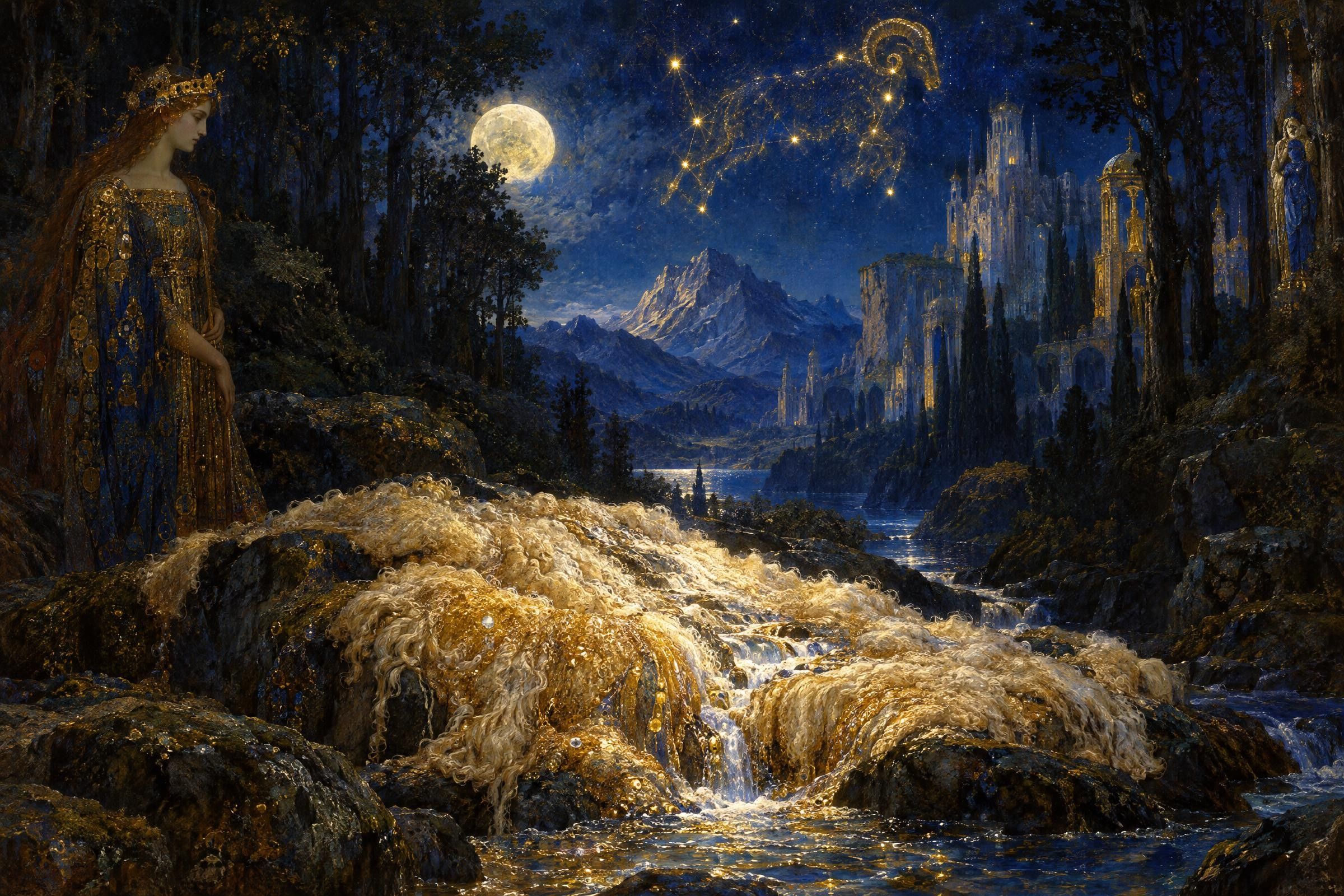 A fleece laid in the mountain stream, catching gold