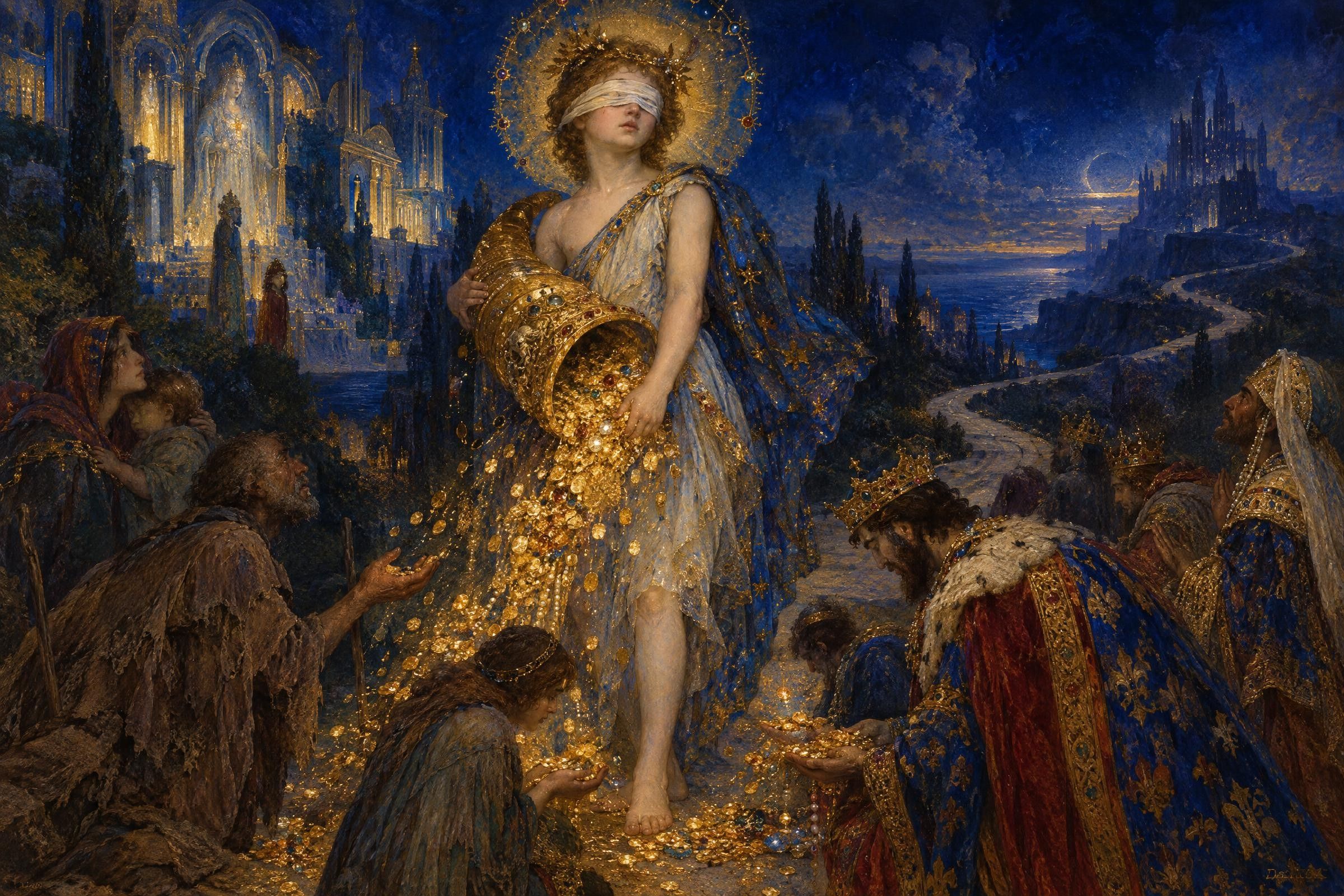 Blind Wealth scatters gold, unseeing, among the crowd