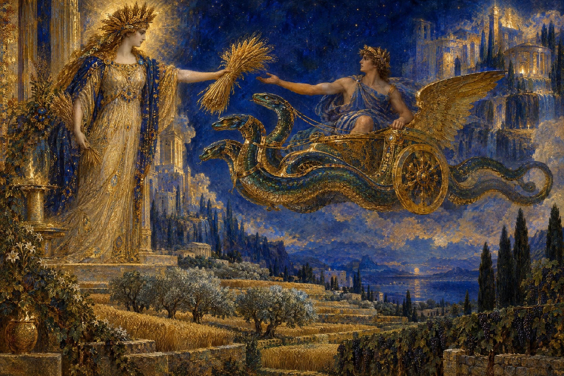 Demeter gives the grain to Triptolemus in his serpent chariot