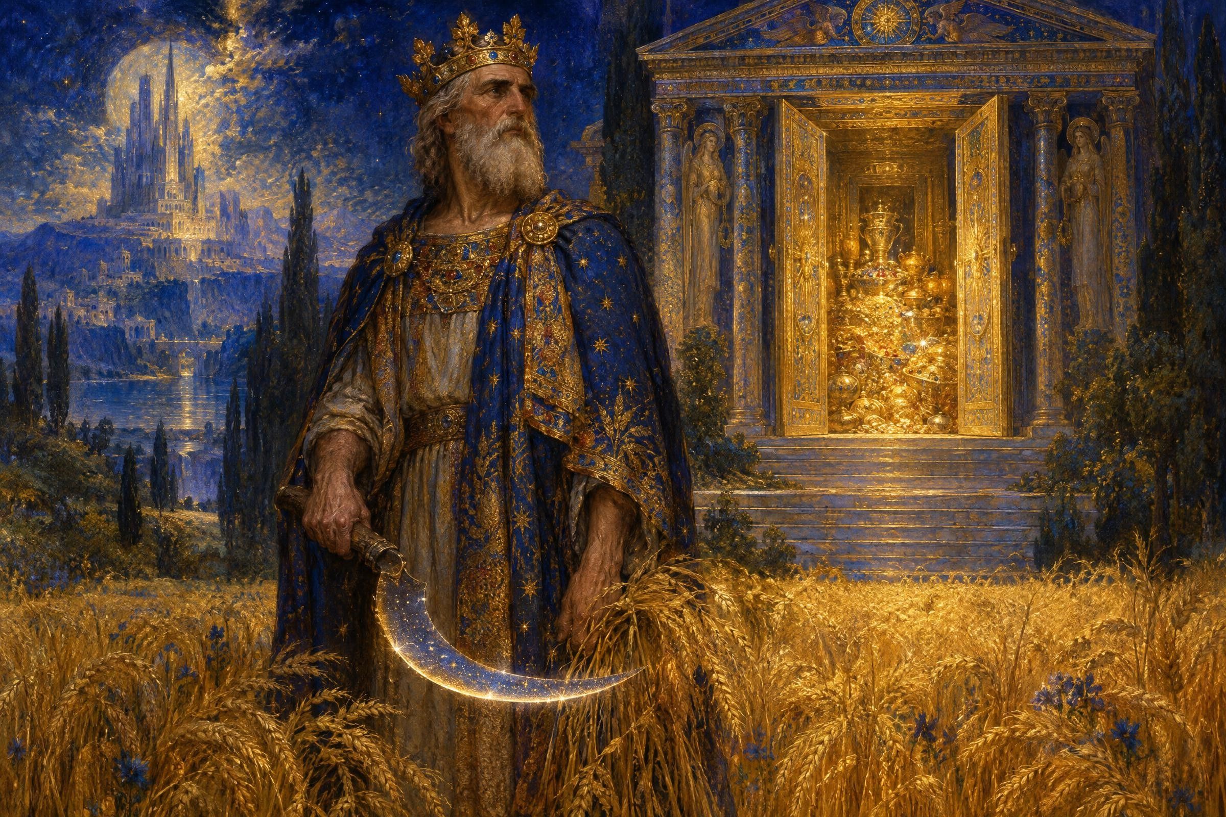 Saturn the farmer king, sickle in hand, before his treasury