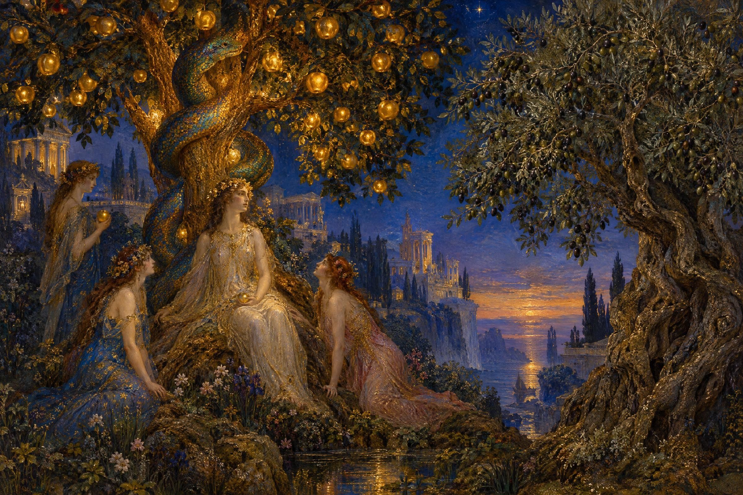 The golden-apple tree of the Hesperides beside Athena's olive