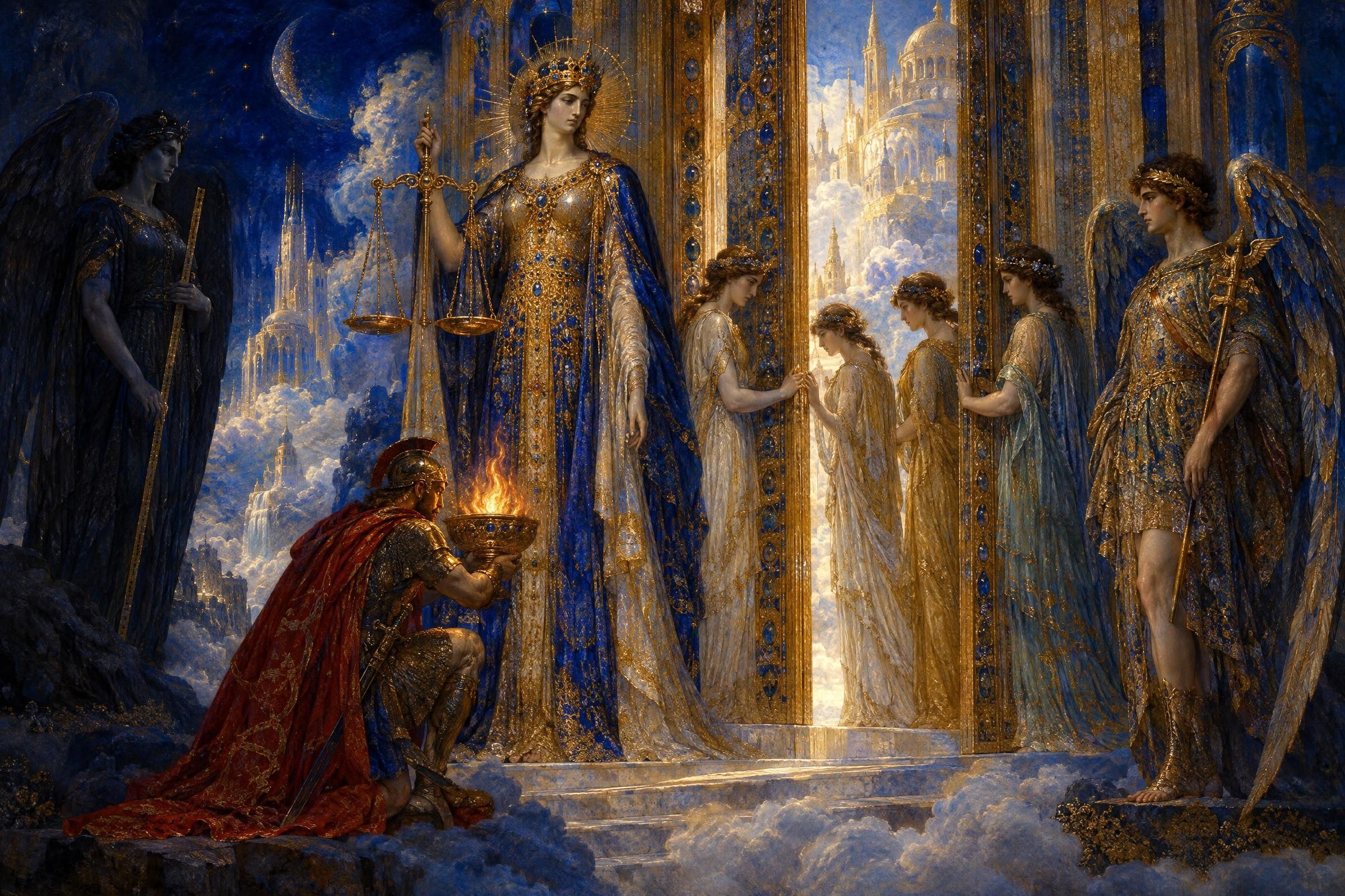 Themis divides the fire, the Horai at the gates of heaven